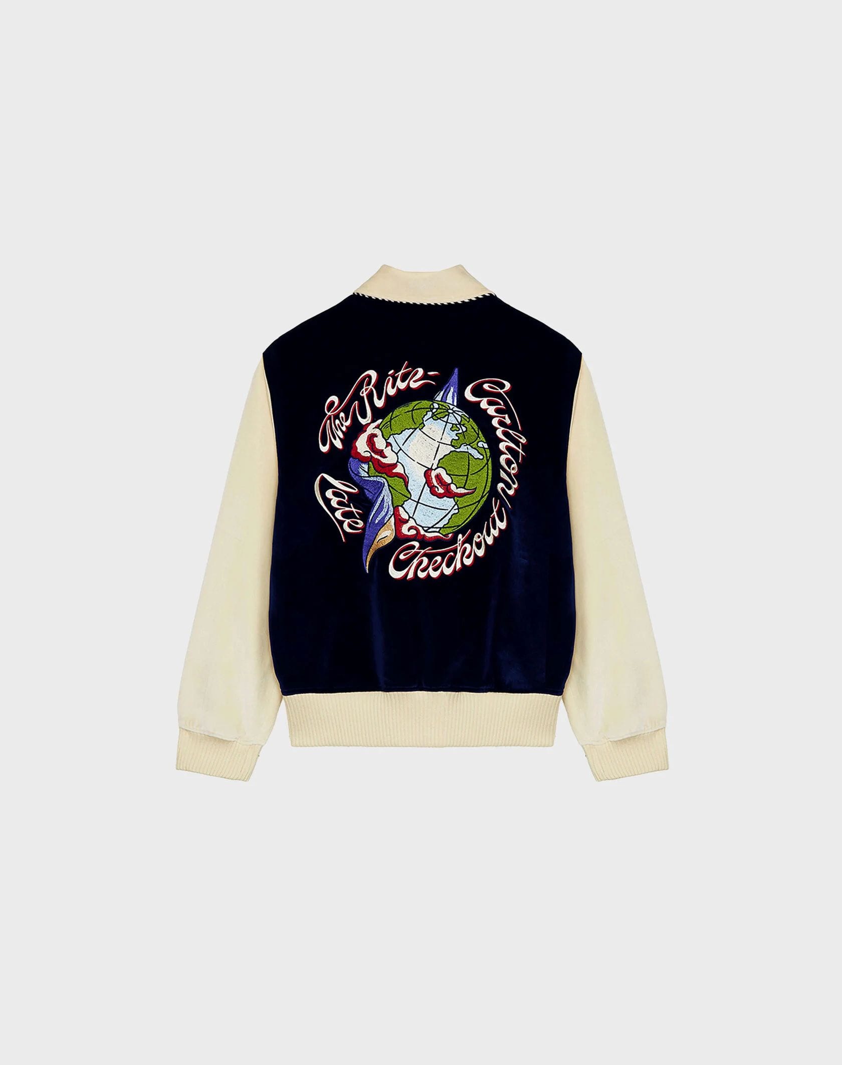 Late Checkout Navy/Cream Globe Sukajan Jacket, $640 (approx. P37,643.52), THE RITZ-CARLTON, shop.marriott.com